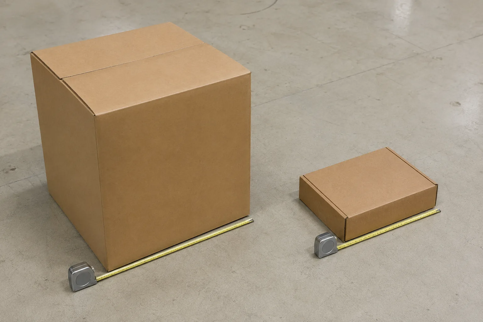 A digital scale reading 14.9 ounces holding a flat-packed kraft box blank, beside three corrugated cross-section samples showing E, B, and C flute profiles at different thicknesses