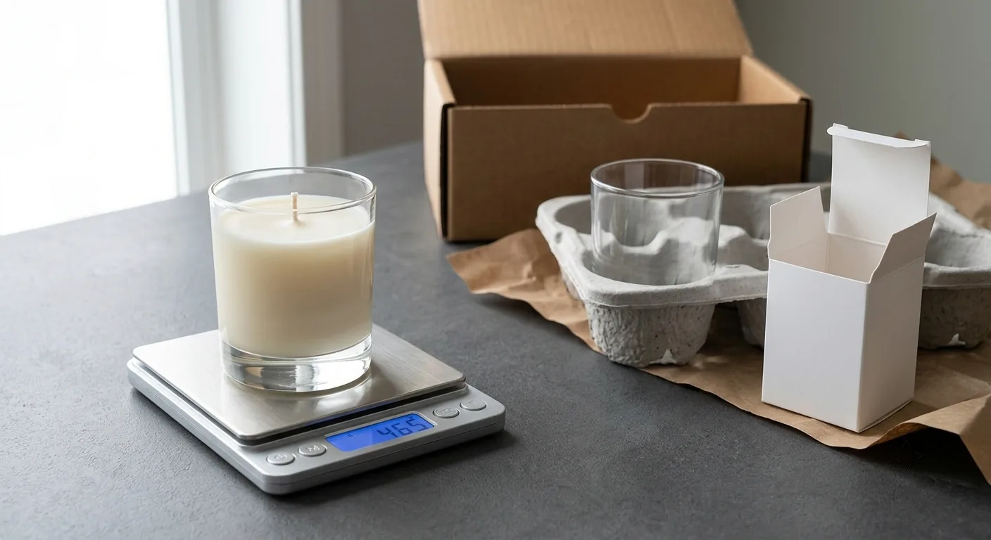 Filled 8 oz glass candle on a digital scale reading 465 grams, with a kraft corrugated mailer, molded pulp vessel insert, and white SBS carton on the counter beside it