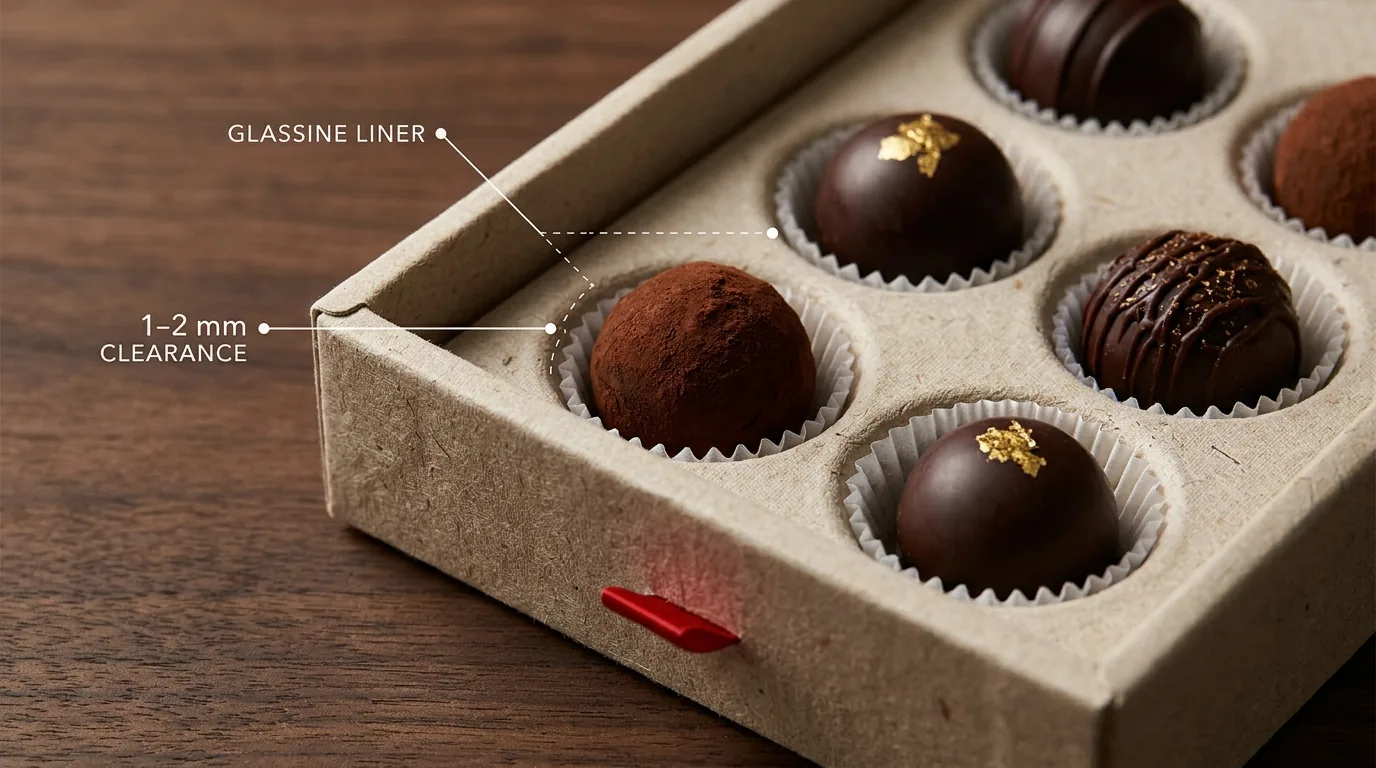Open kraft pulp cavity tray holding dark chocolate truffles in white glassine liners, annotated with a glassine liner callout and 1 to 2 mm clearance between the truffle and the cavity wall