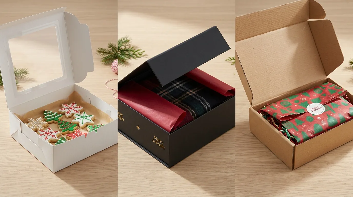 Three Christmas box styles side by side: a white window bakery box of iced sugar cookies, a black rigid gift box with red tissue around a plaid scarf, and an open kraft corrugated mailer holding a wrapped gift