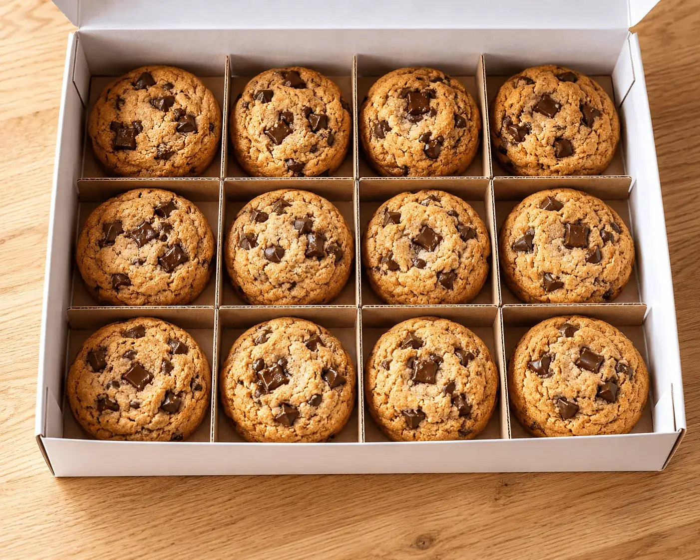 Top-down photo of an open kraft cookie box holding twelve chocolate-chip cookies in a 4x3 grid with quarter-inch gaps and a cardboard cell divider visible
