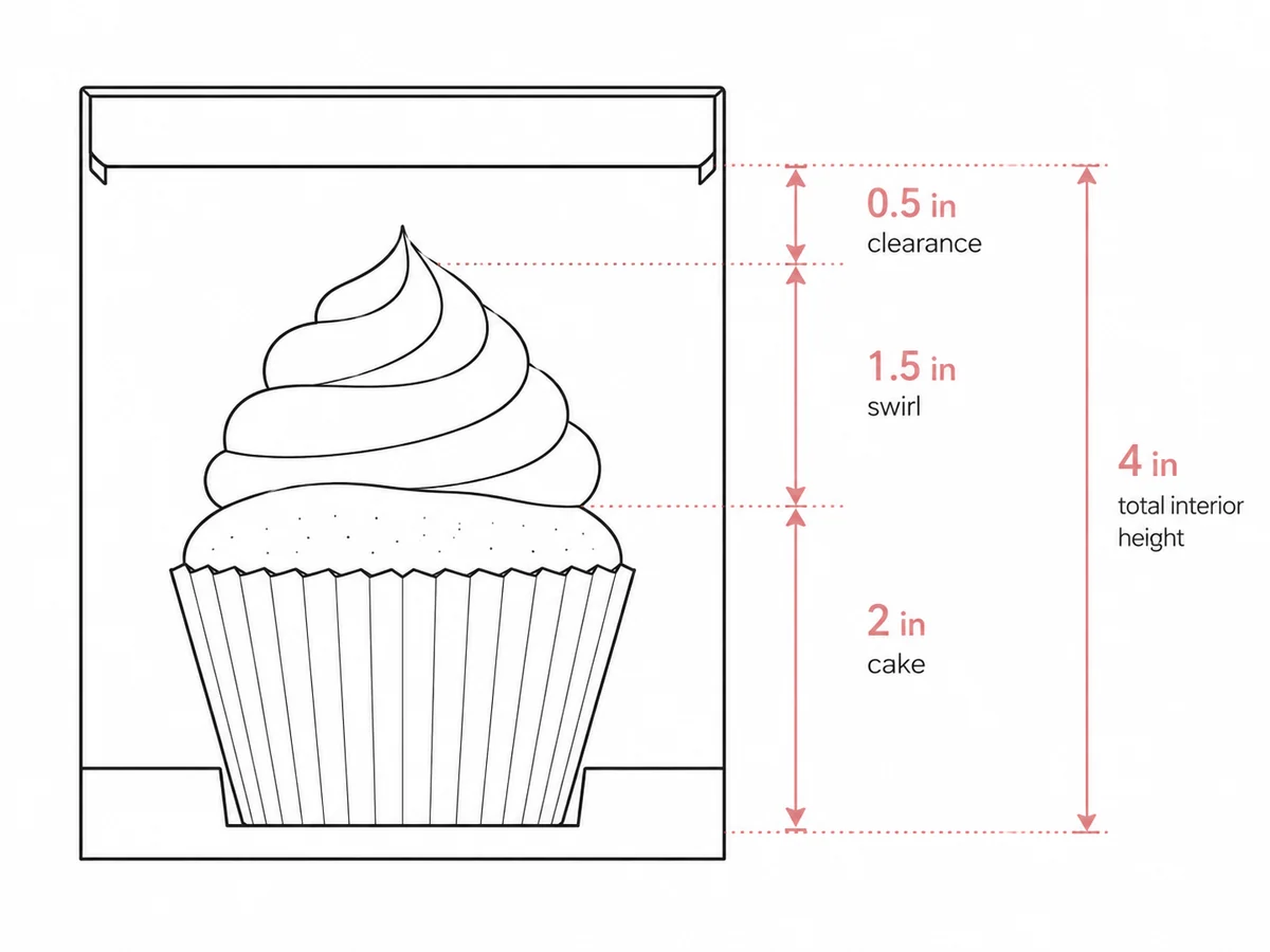 Side-view cross-section of a cupcake inside a 4-inch box labeled 2-inch cake, 1.5-inch buttercream swirl, and 0.5-inch lid clearance