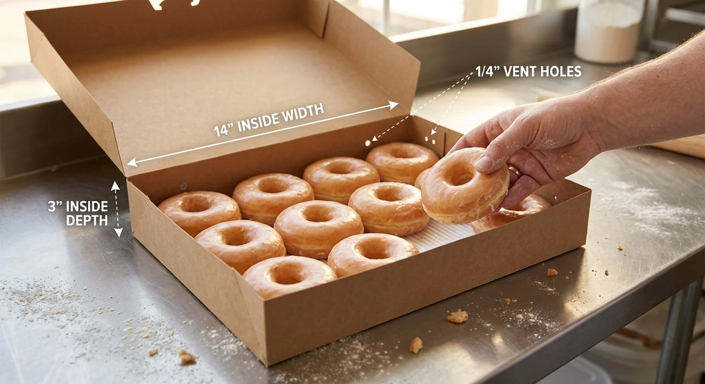 Open kraft dozen donut box labeled 14 inch inside width and 3 inch inside depth, with quarter-inch vent holes marked along the side wall as a hand lifts a glazed donut