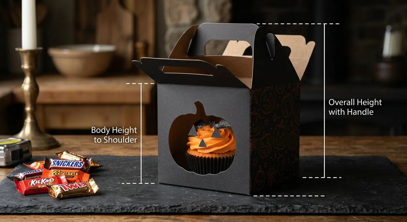 Matte black Halloween gable box with a pumpkin-shaped window showing a frosted cupcake, with dashed guide lines marking body height to the shoulder and overall height with the handle