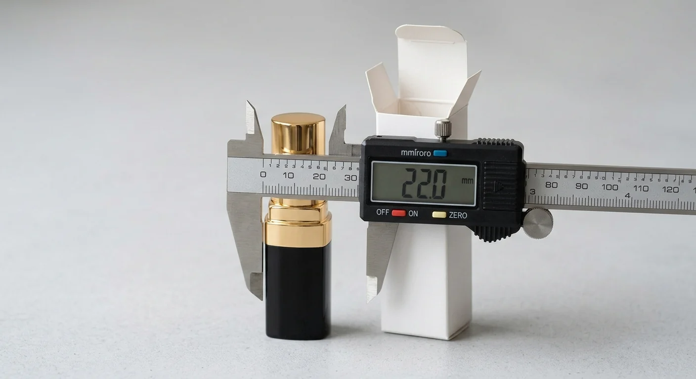 Digital caliper reading 22.0 mm across the cap of a classic swivel lipstick tube beside its white folding carton