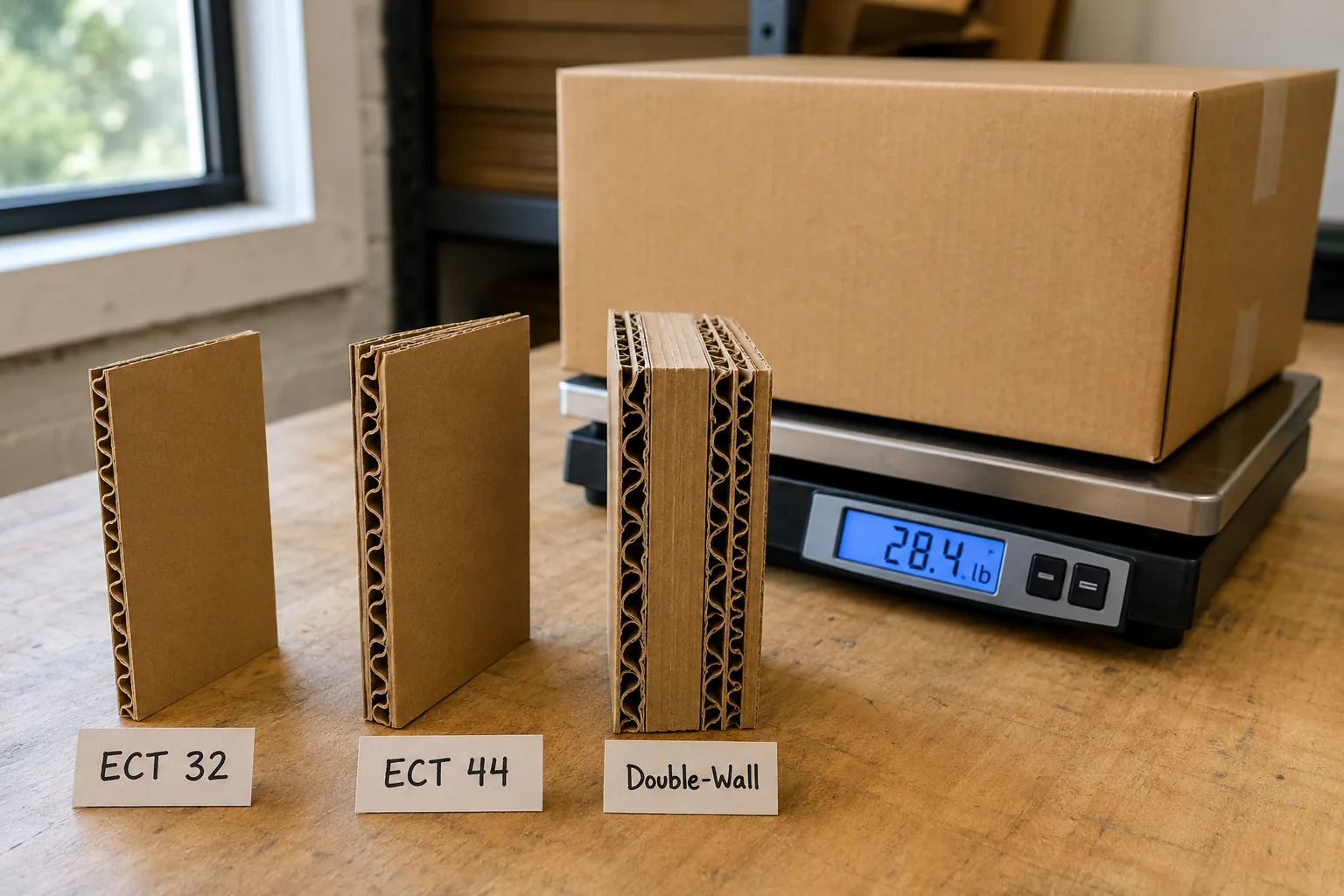 Close-up of a caliper measuring the thickness of a corrugated cardboard cross-section on a workbench, showing the wavy flute layer between the flat liners