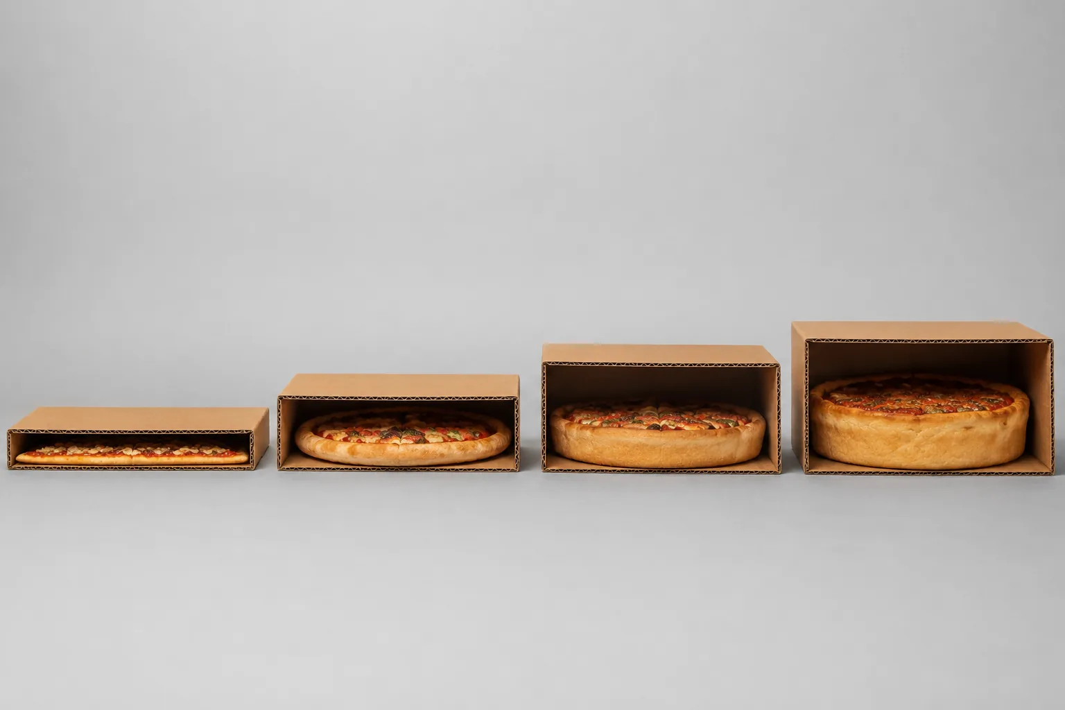 Cutaway side profile of four pizza boxes showing pizza box depth from 1.5 to 3 inches for thin crust, hand tossed, pan, and deep dish pizzas