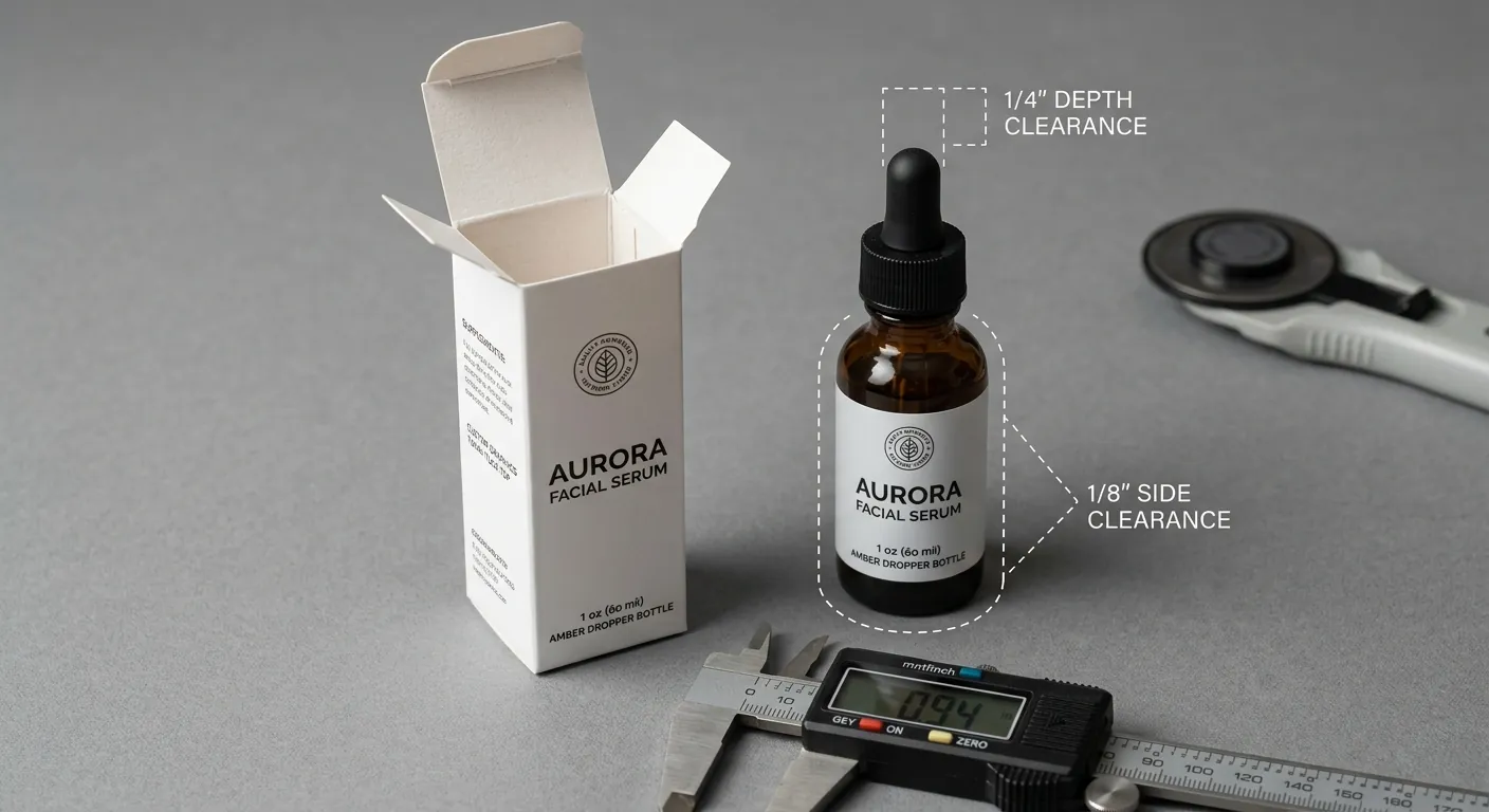 Amber 1 oz dropper bottle beside an open white reverse tuck end carton, with dashed guides marking 1/8 inch side clearance and 1/4 inch depth clearance, and a digital caliper in front